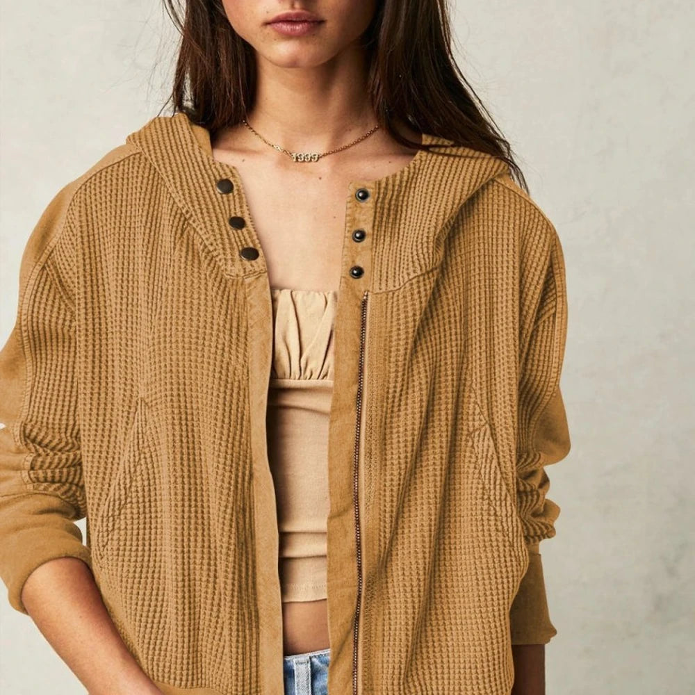 Waffle Knit Hooded Jacket with Dropped Shoulders