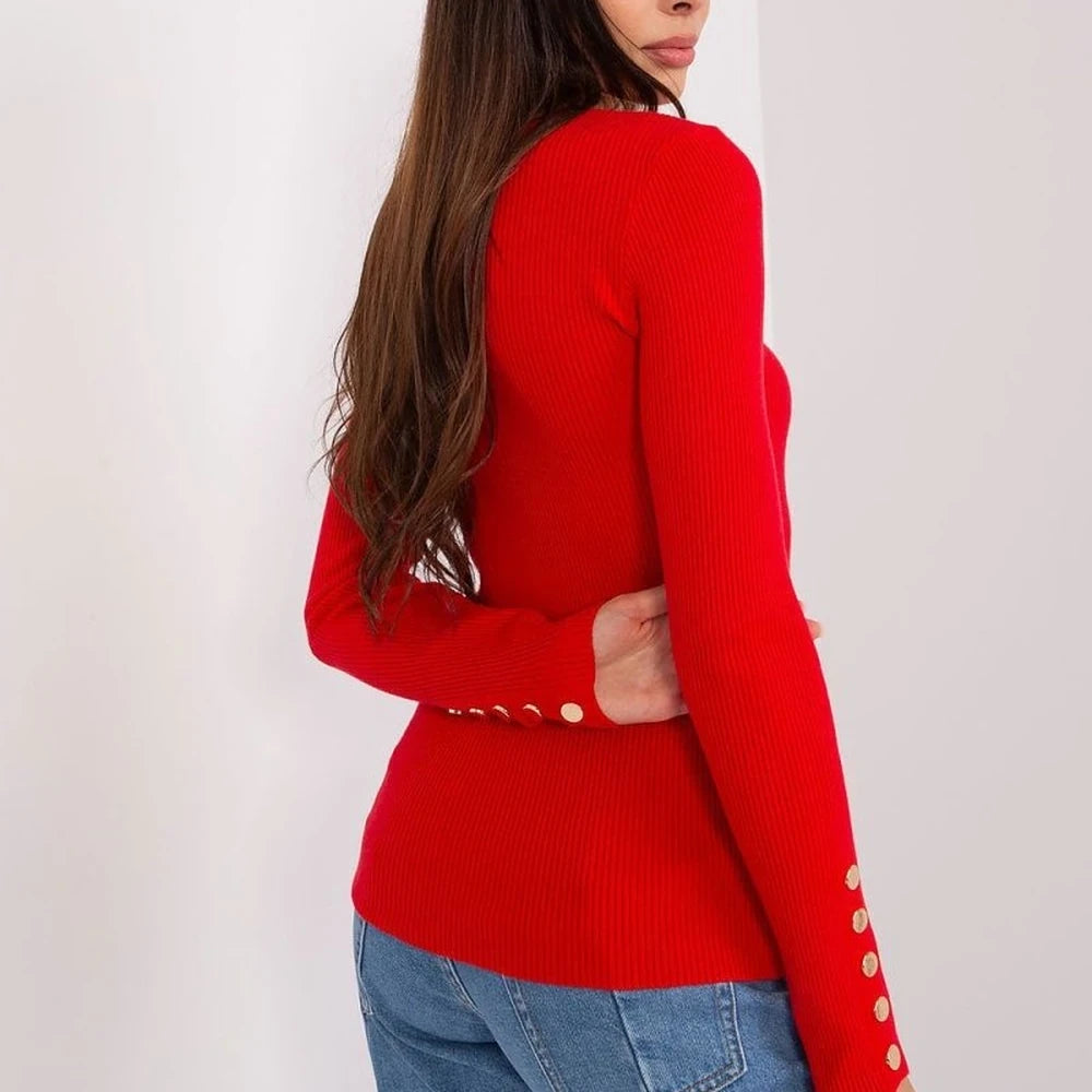 Ribbed Knit Sweater with Sleeve Buttons