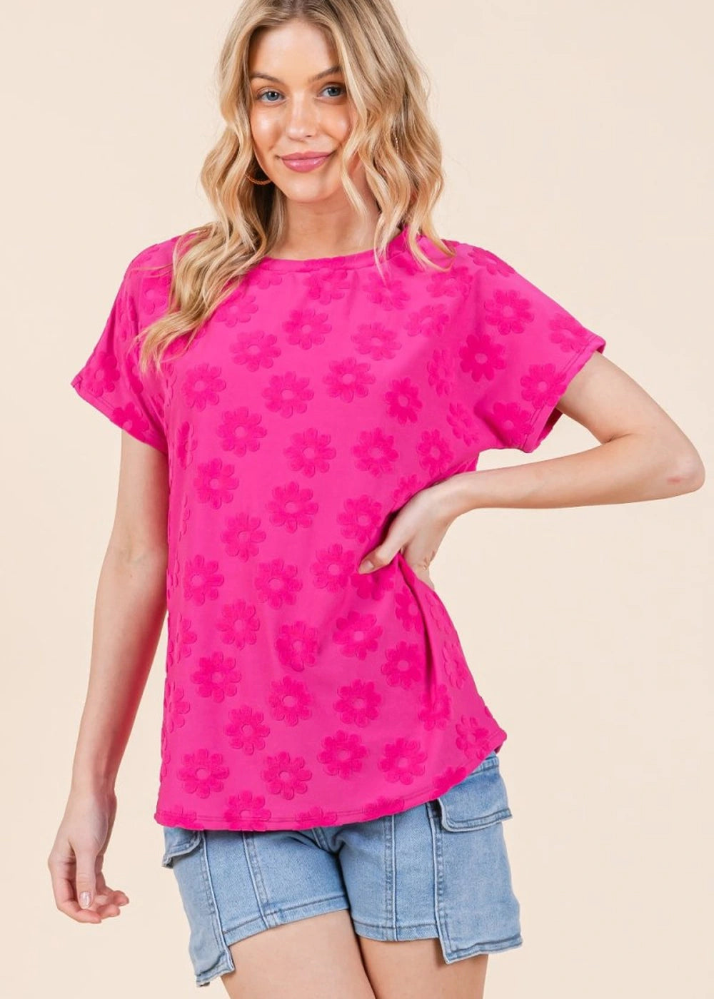 Textured floral top with short sleeves