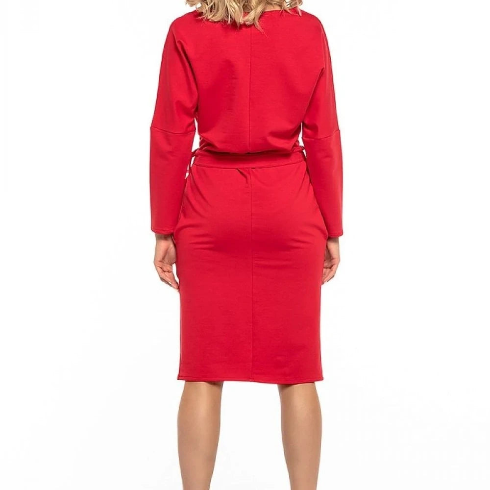 Red Cotton Knit Day Dress with Belt