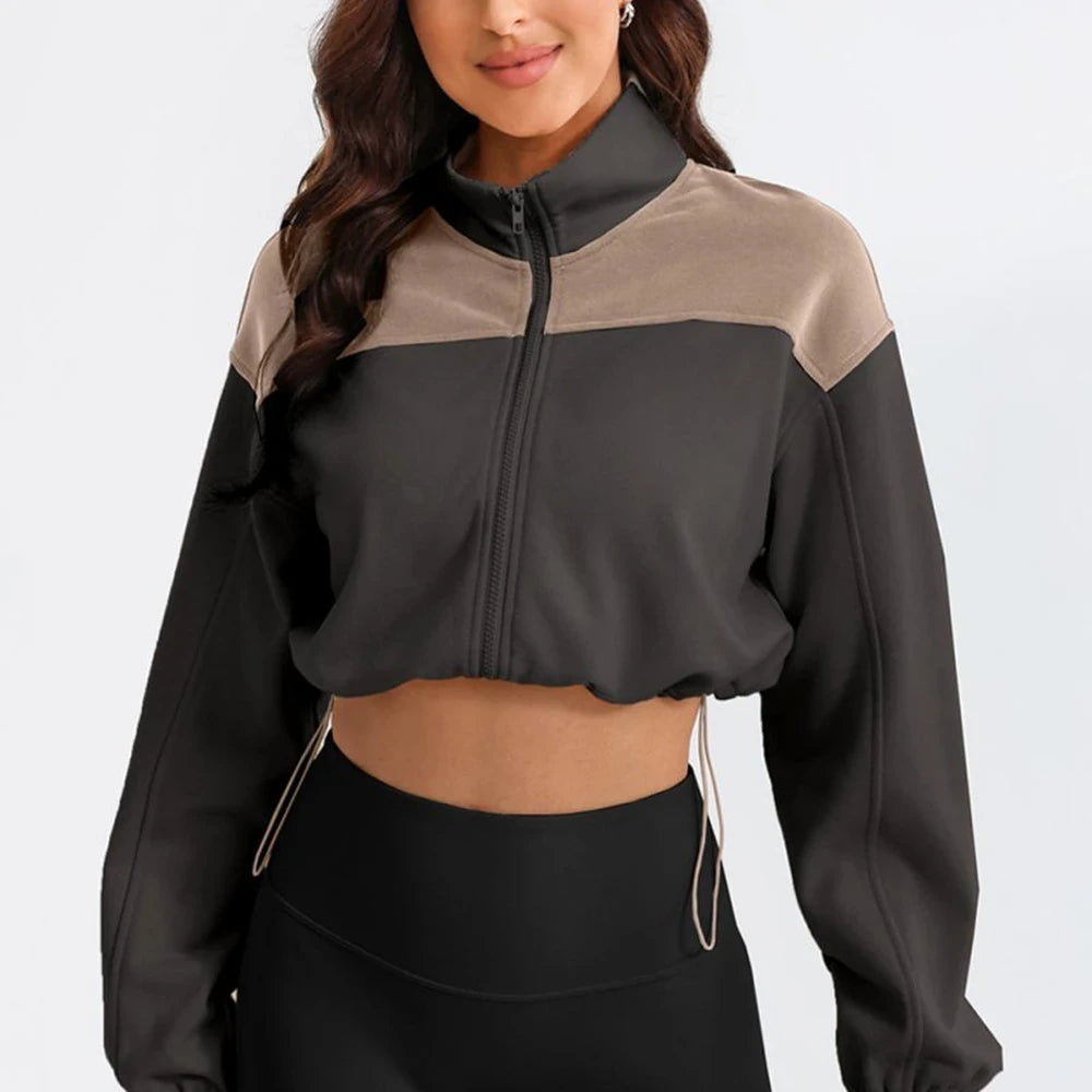 Contrast Drawstring Zip Up Jacket