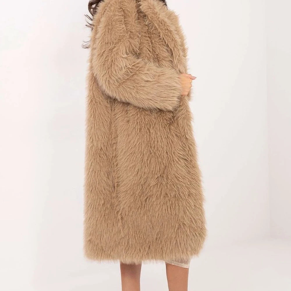Brown Long Fur Coat with Snap Closure