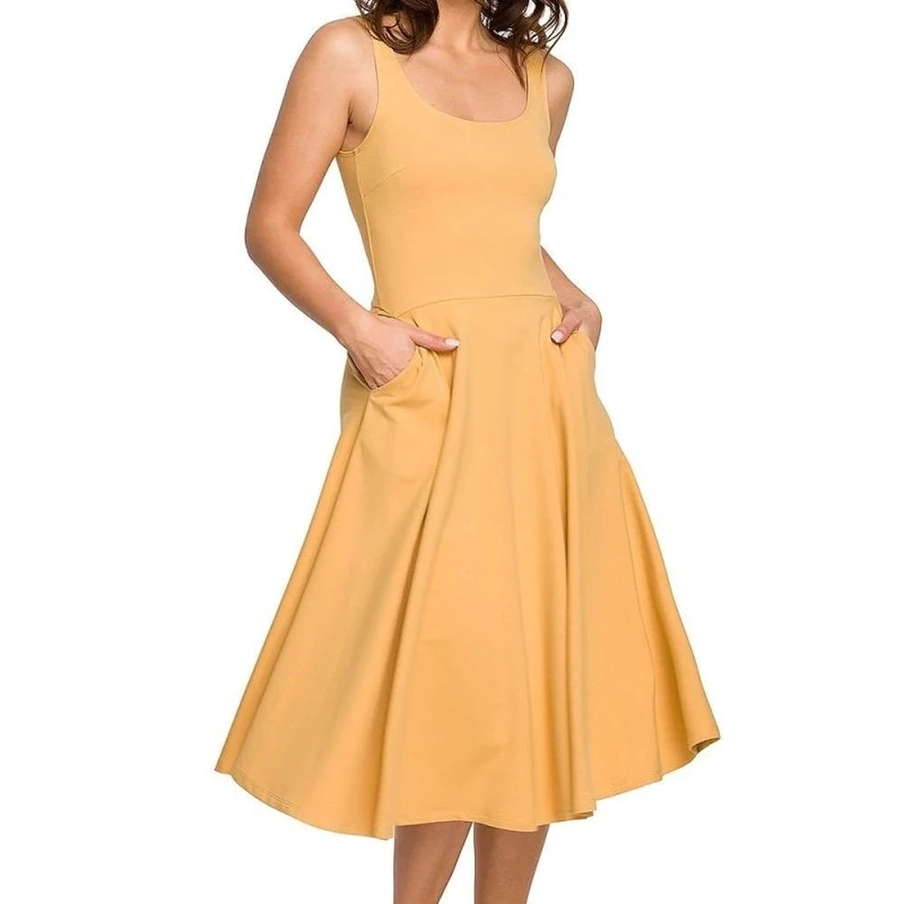 Cotton Dress Thin Straps Flared Bottom Pockets