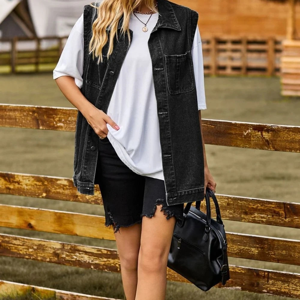 Sleeveless Collared Denim Vest