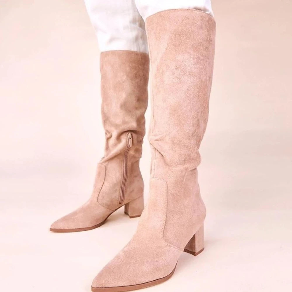 Beige Eco Suede Knee-High Boots