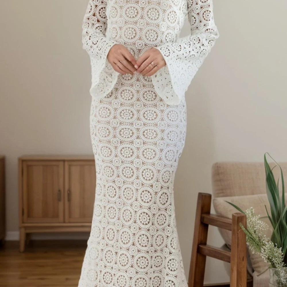 Lace Backless Flare Sleeve Formal Dress