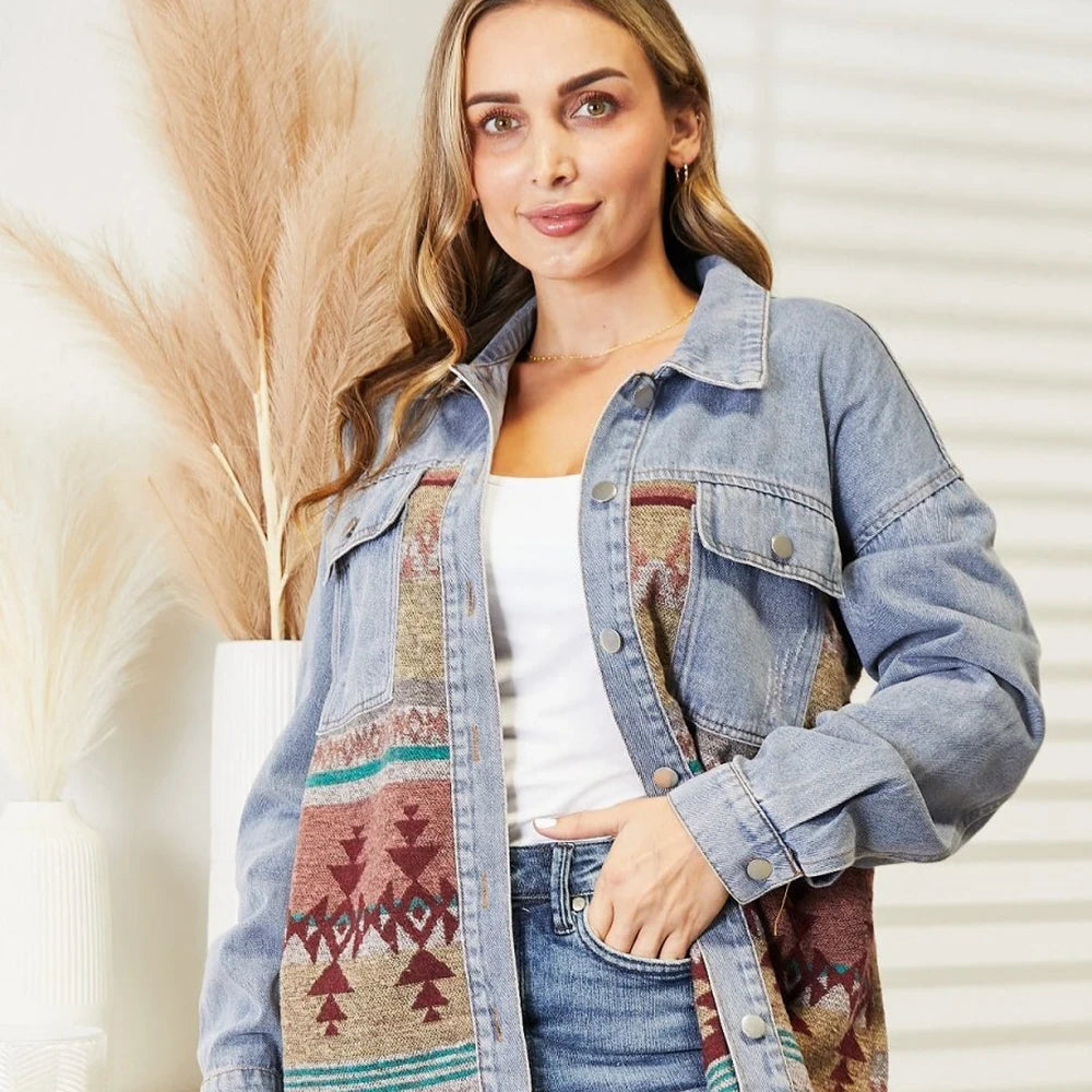 Collared Neck Denim Jacket with Raw Hem