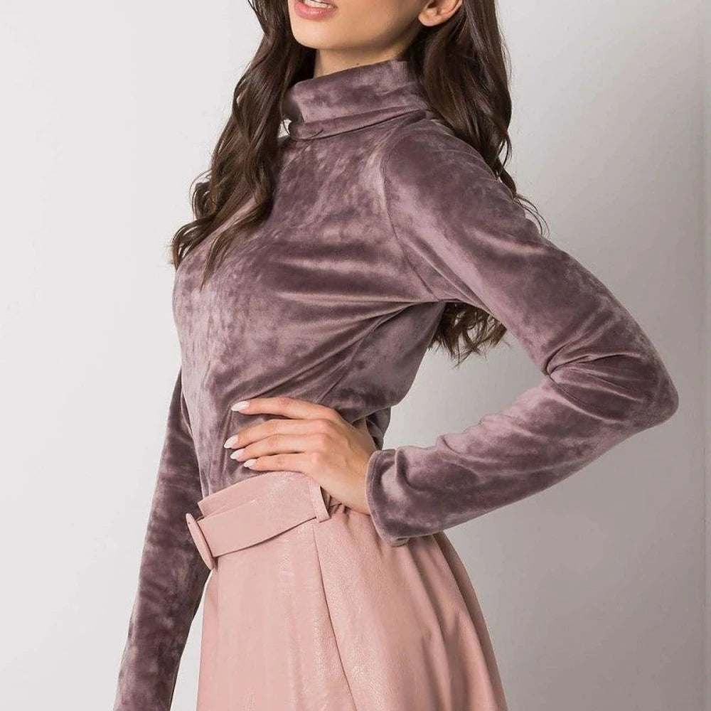 Turtleneck Velour Top with Long Sleeves