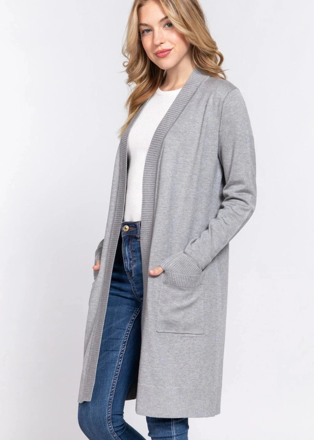 ACTIVE BASIC Open Front Rib Trim Long Sleeve Knit Cardigan