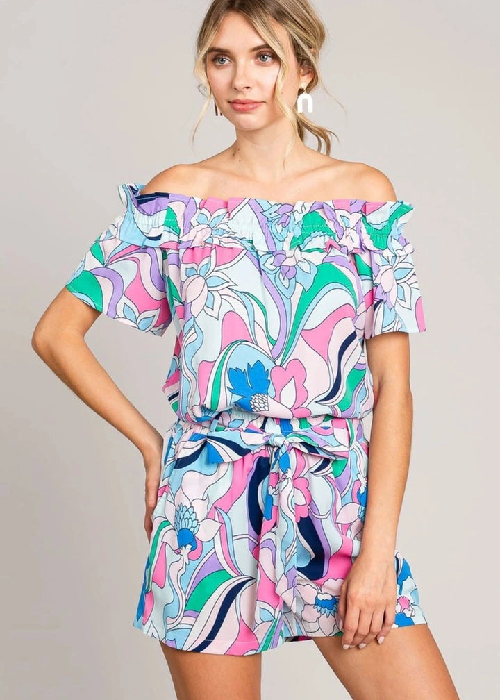 Cotton Bleu by Nu Label Abstracted Print Tie Front Shorts