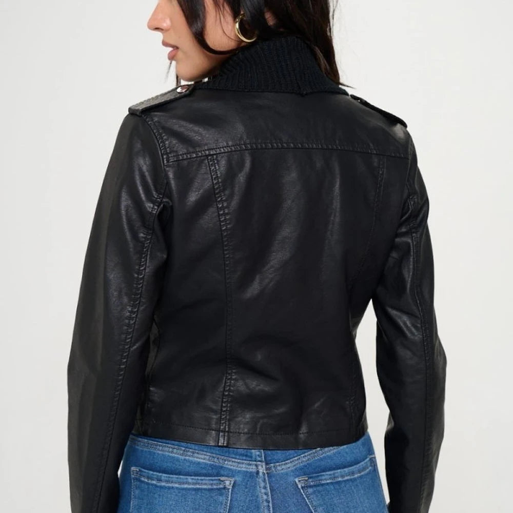 Faux Leather Knit Crop Jacket with Collar
