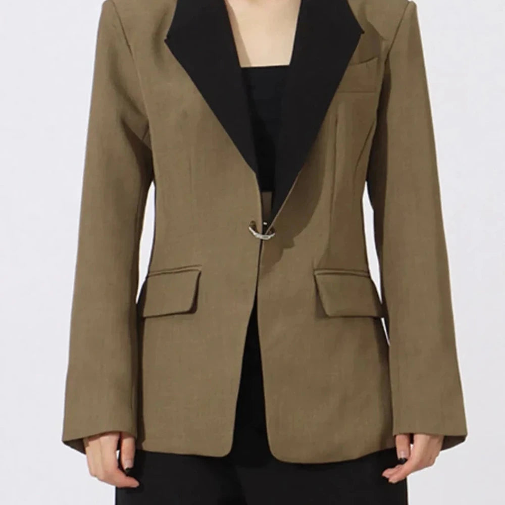 Contrast Lapel Collar Long Sleeve Blazer