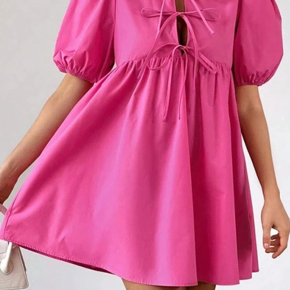 Puff Sleeve Tie Front Mini Dress