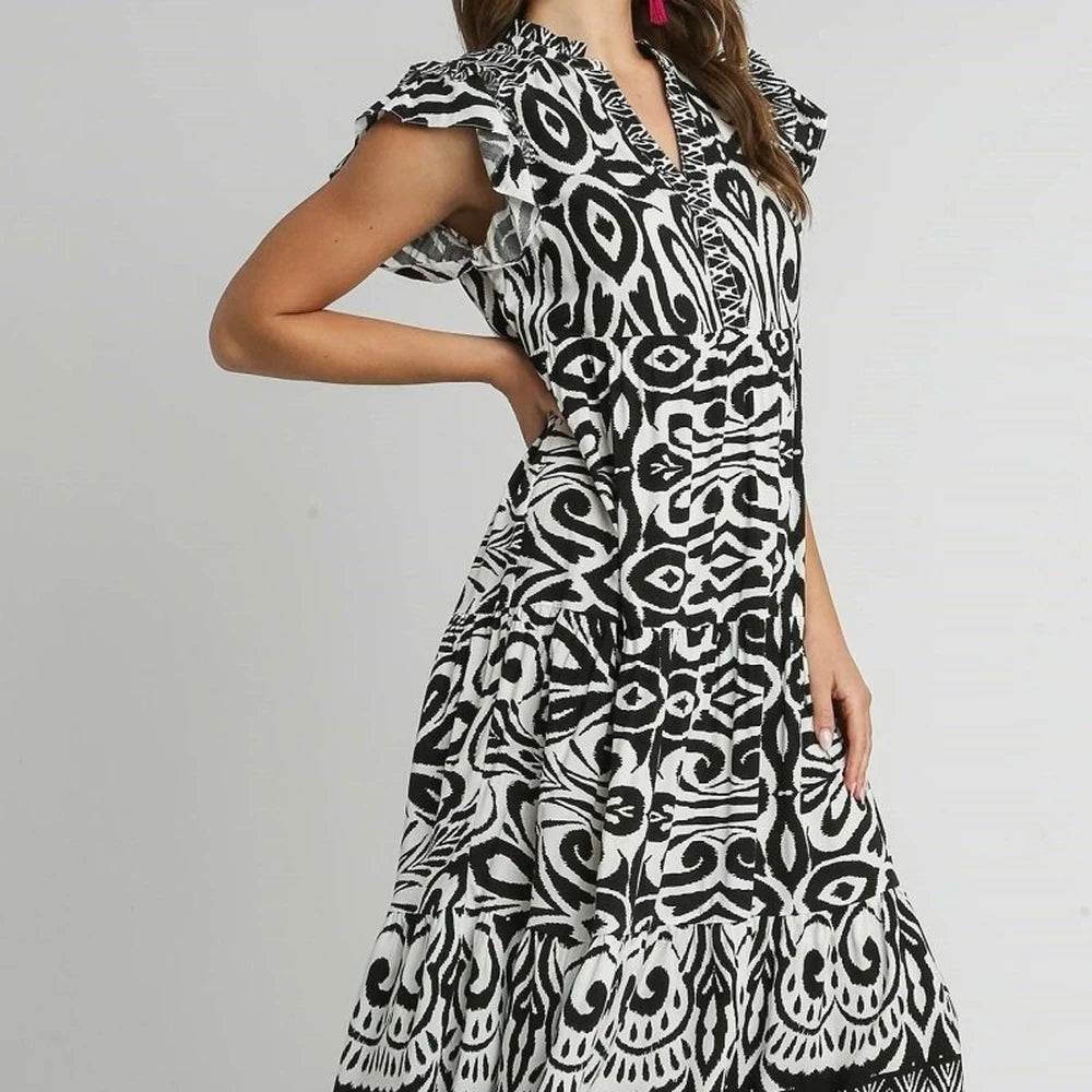 Umgee Two Tone Border Print Midi Dress