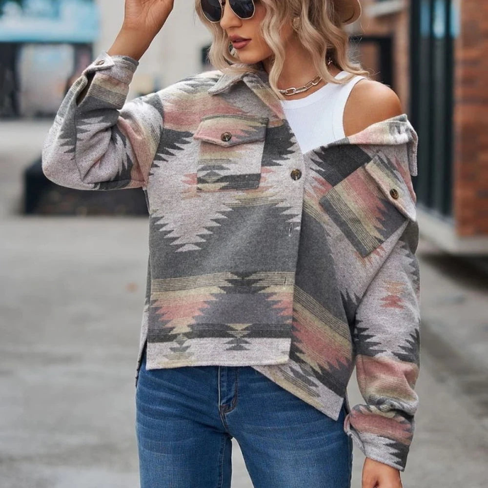 Printed Collared Neck Long Sleeve Casual Jacket