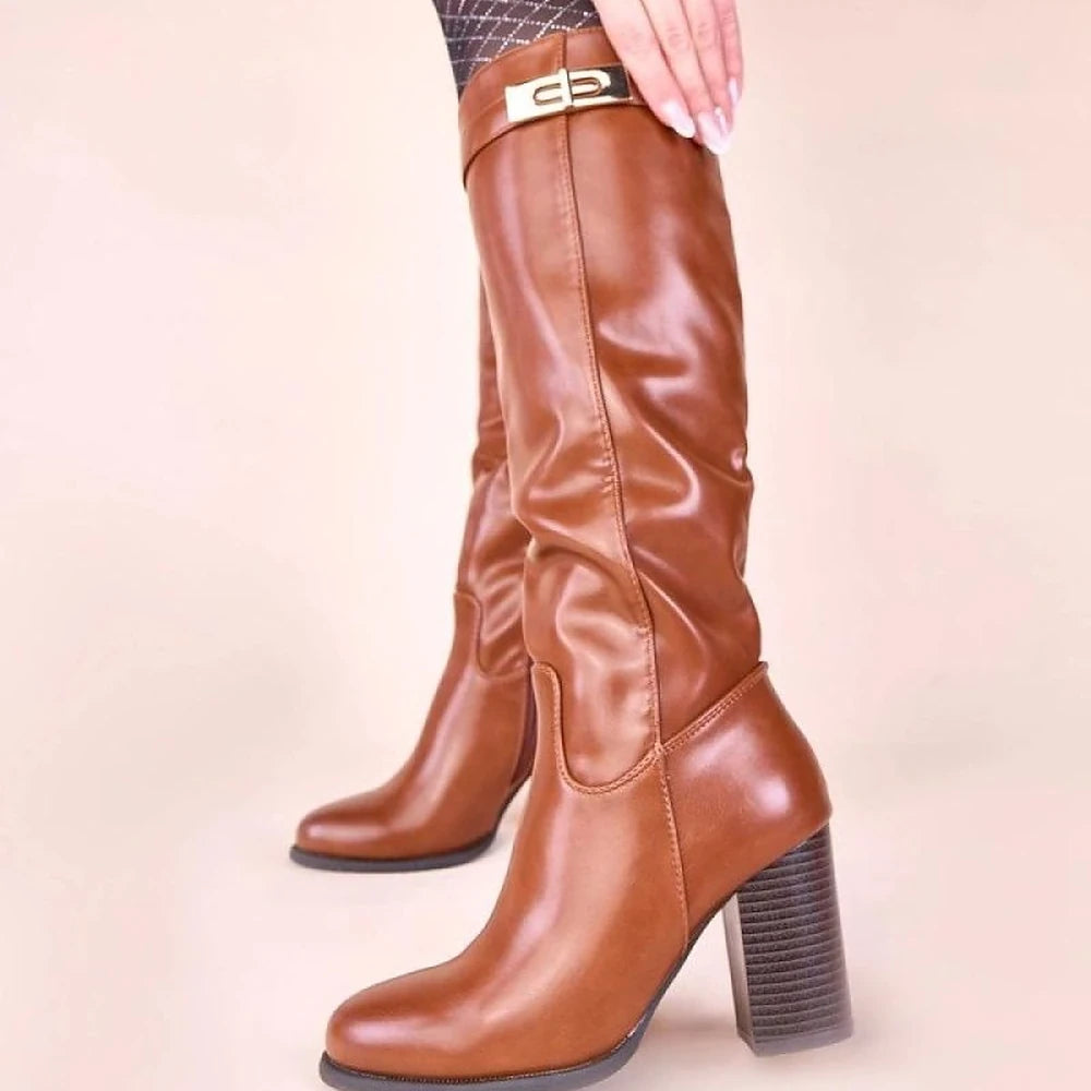 Brown Heeled Boots with Gold Ornament