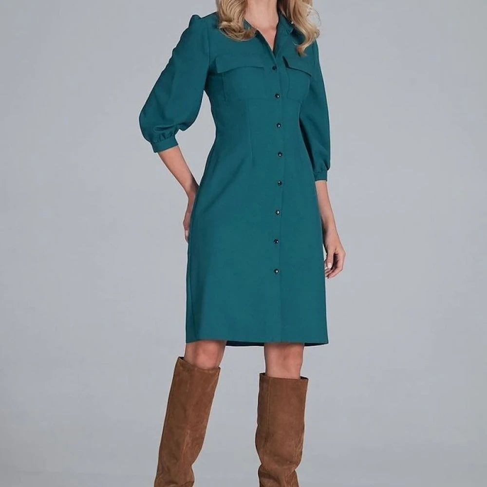 Midi Shirt Dress with Collar and 3/4 Sleeves
