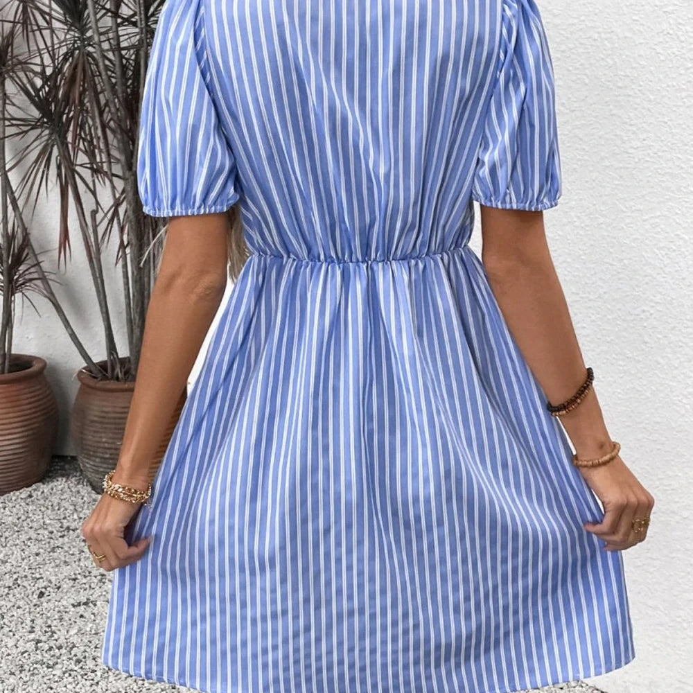 Striped Short Sleeve Mini Dress with Tie