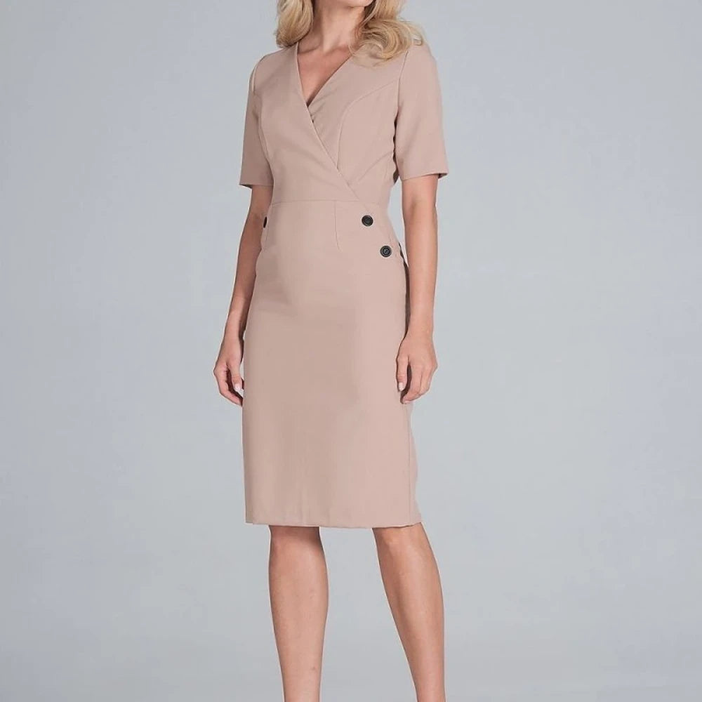 Midi Pencil Dress with Envelope Neckline