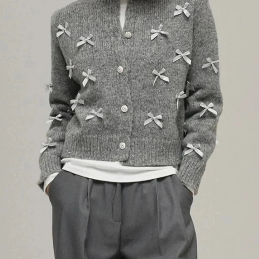 Bow Button Up Long Sleeve Cardigan