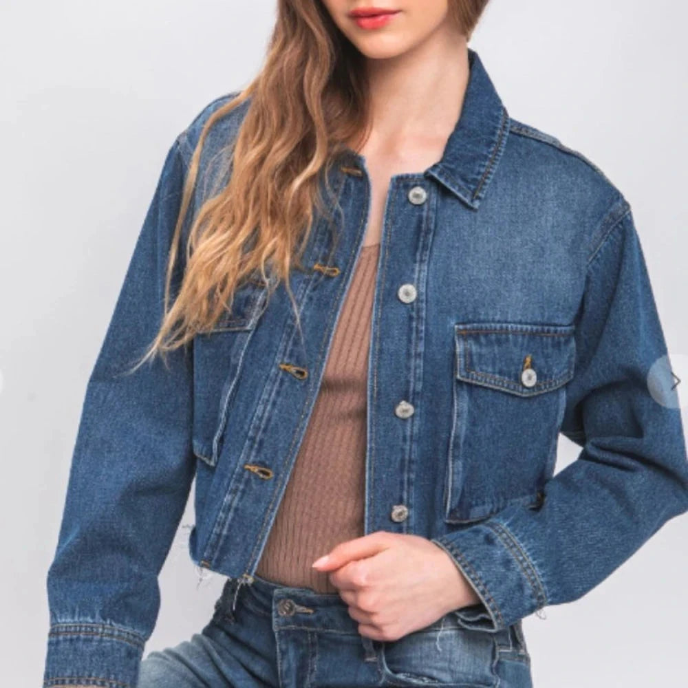 Cropped Denim Jacket with Raw Hem