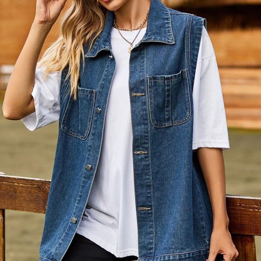 Sleeveless Collared Denim Vest