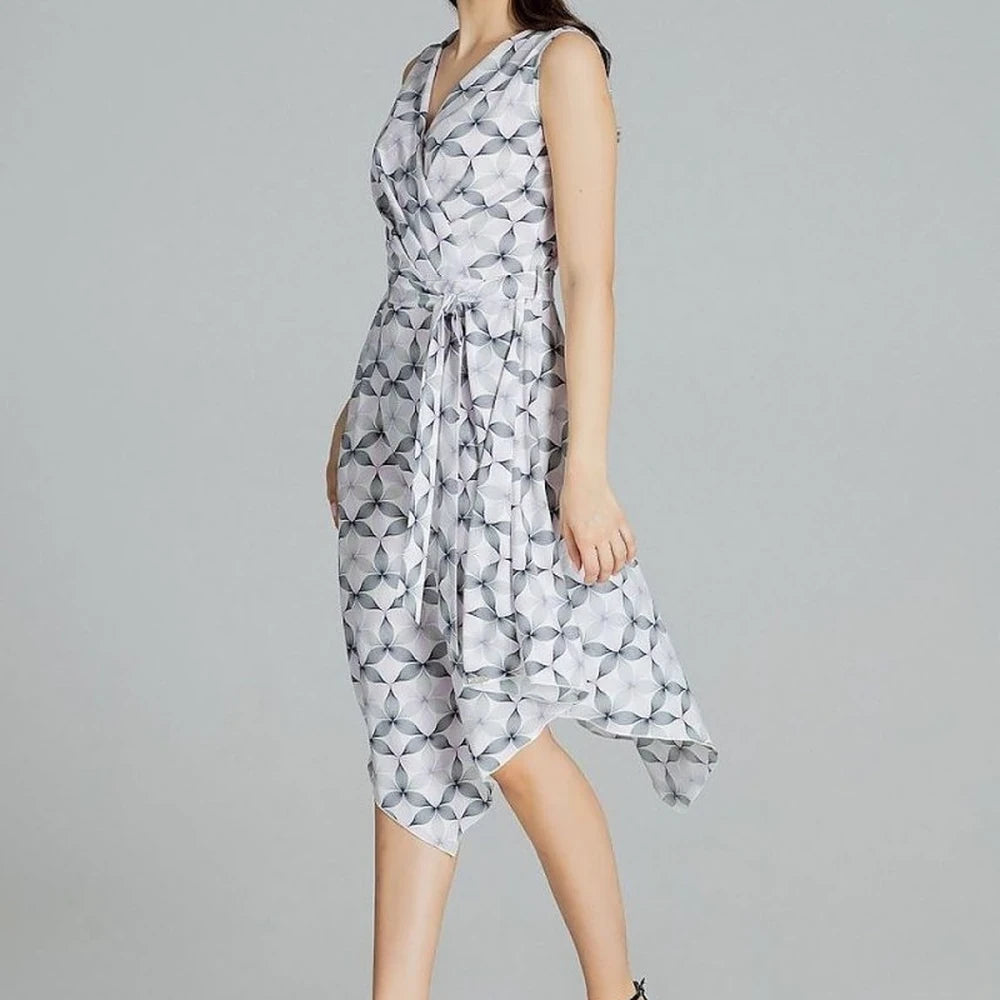 Patterned Midi Dress with Tie Belt