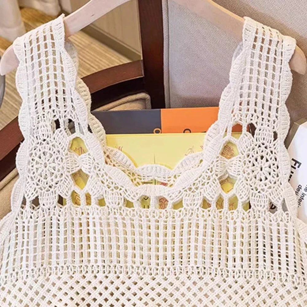 Cream Openwork Scoop Neck Cotton Tank