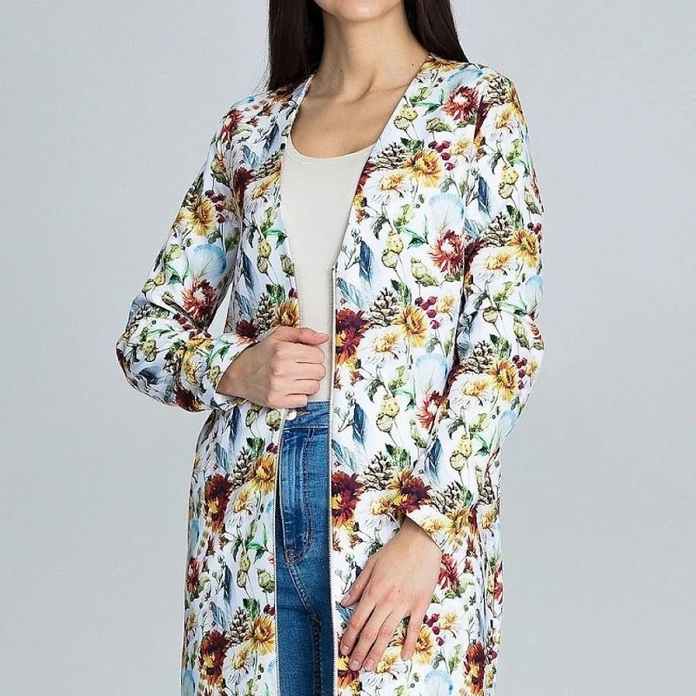 Long Floral Jacket with Decorative Zipper