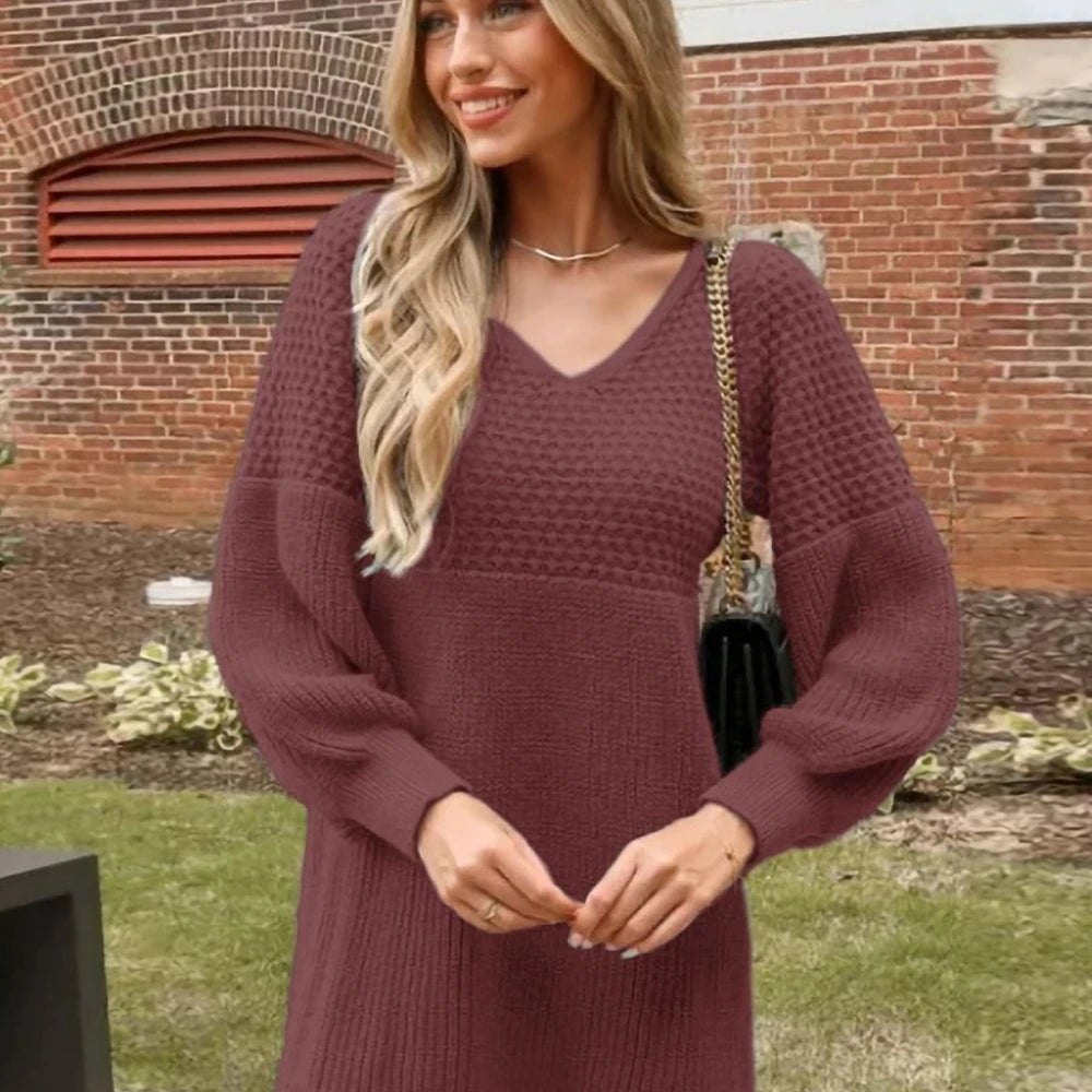 V-Neck Long Sleeve Sweater Dress