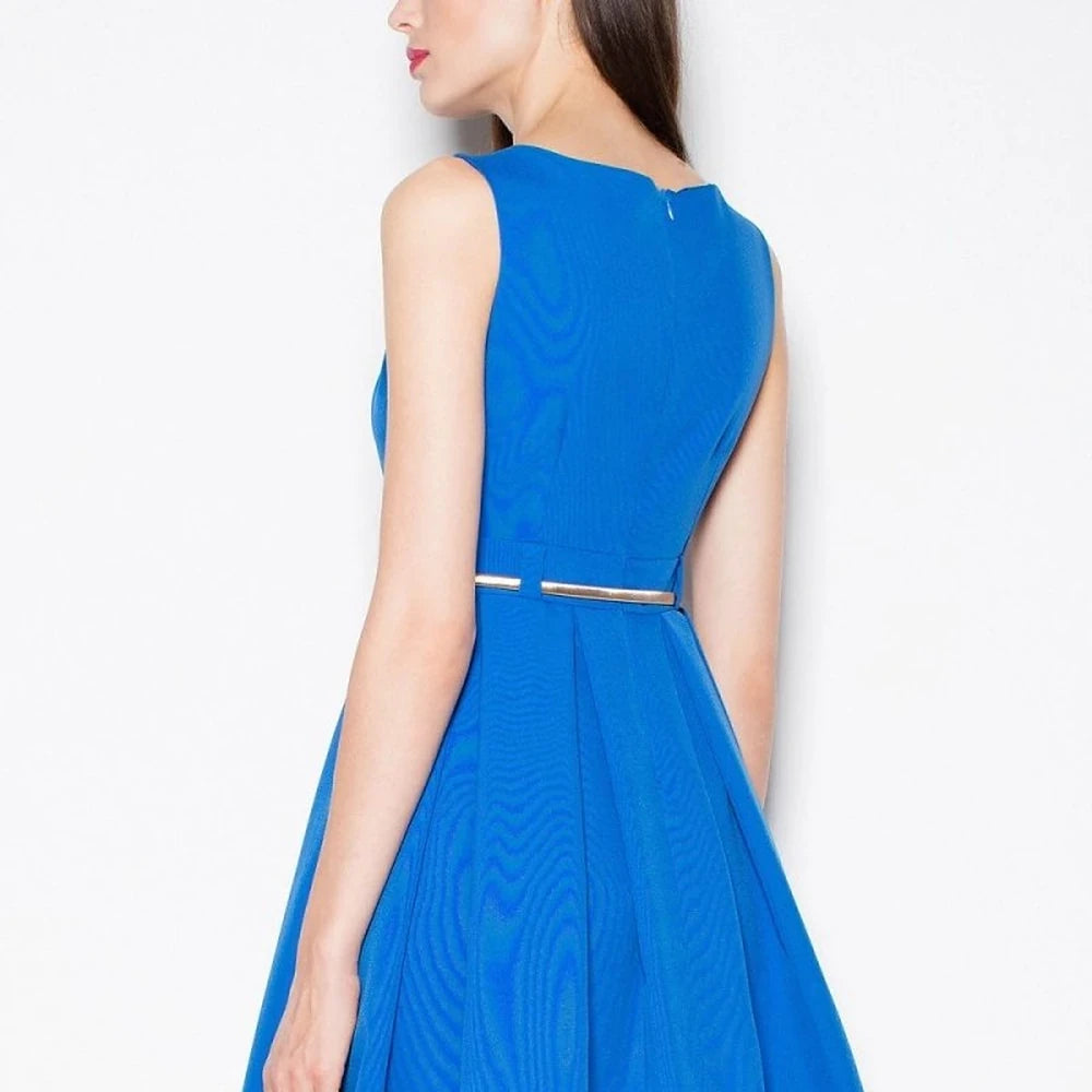 Blue Cocktail Dress with Pleats and Belt