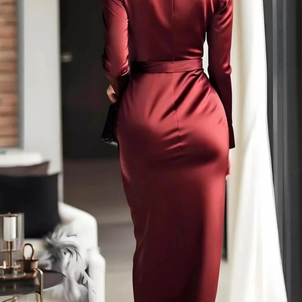 Surplice Satin Long Sleeve Maxi Dress
