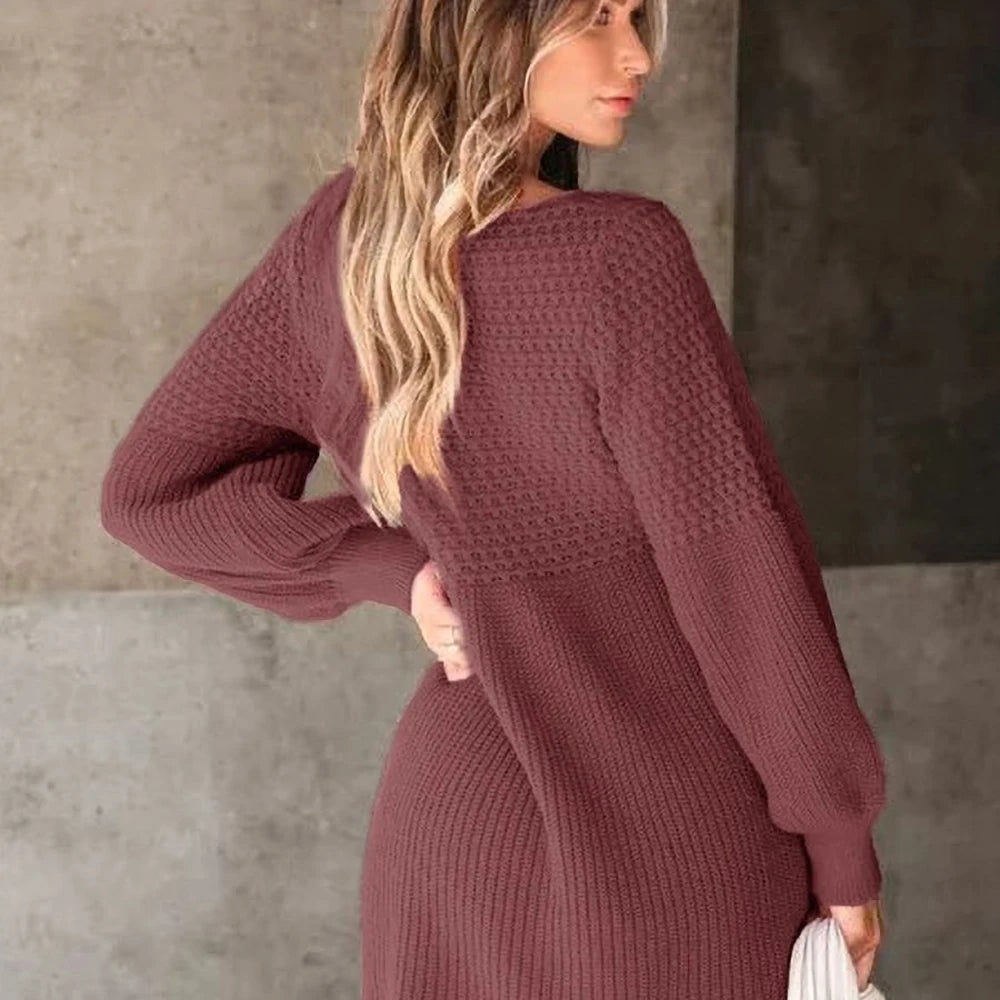 V-Neck Long Sleeve Sweater Dress