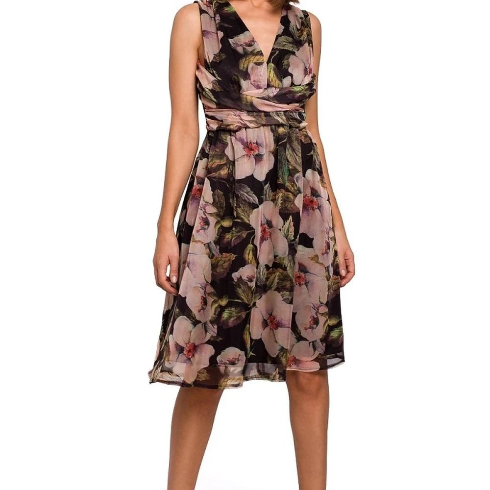 Floral Ribbed Chiffon Day Dress with Belt
