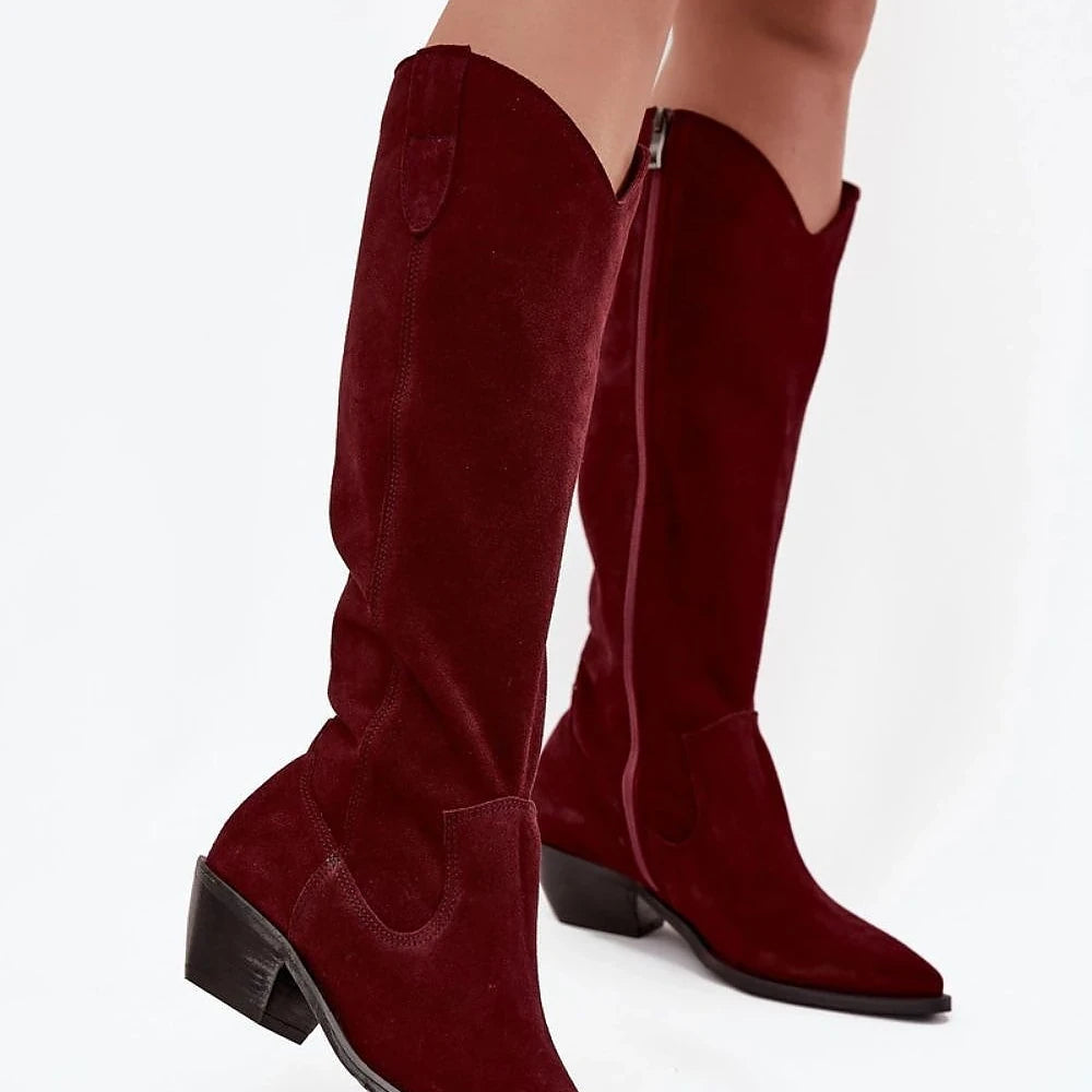 Red Suede Pointed Toe Cowgirl Heel Boots