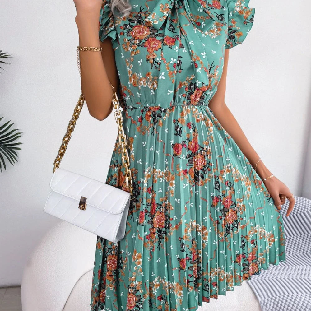 Floral Tie Neck Knee Length A-line Dress