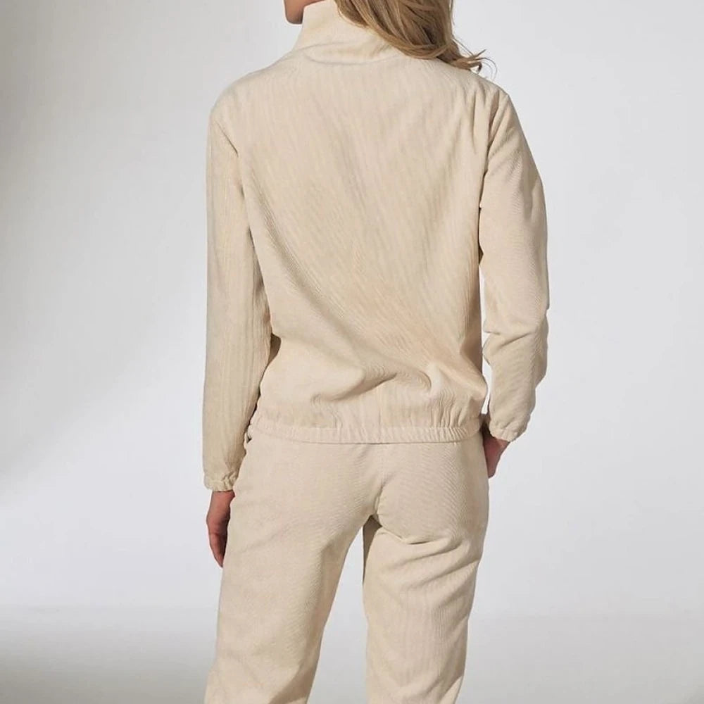Beige Corduroy Collar Blouse with Zipper