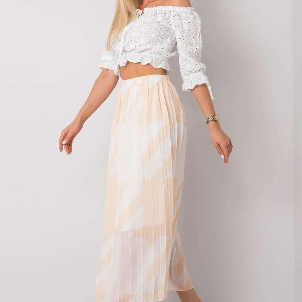 Patterned Pleated Midi Skirt with Elastic Waist