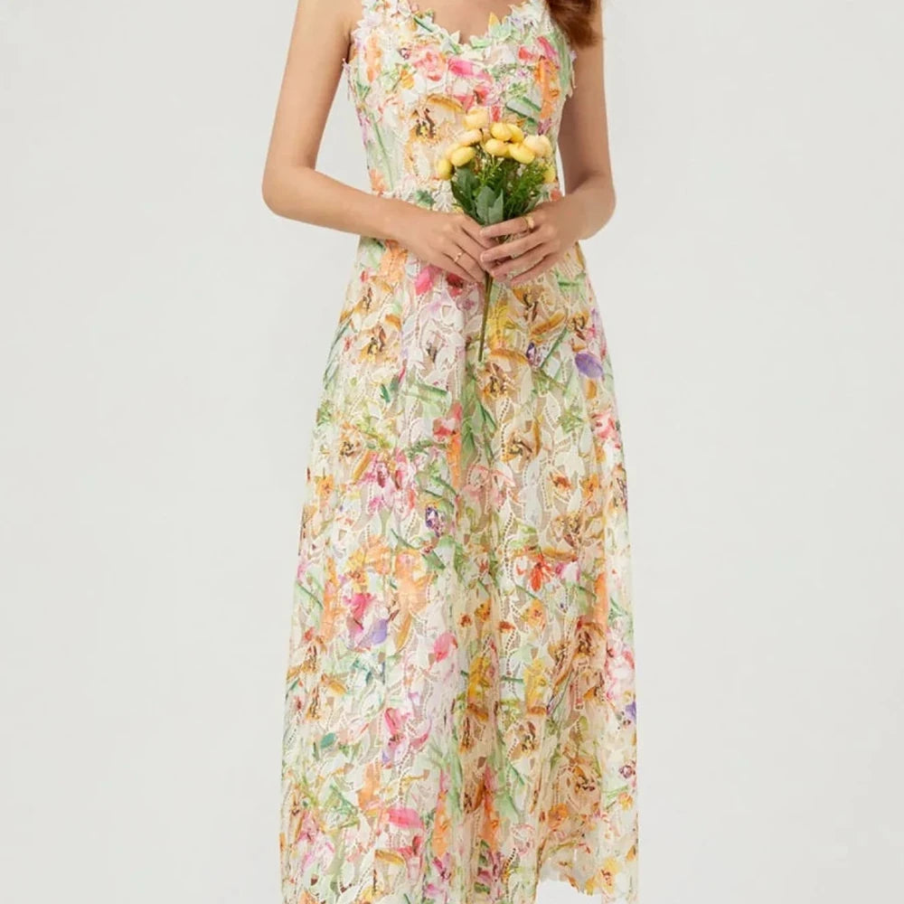 Floral Lace V-Neck Midi Dress