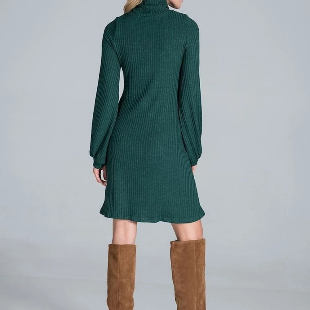 Ribbed Knit Turtleneck Midi Dress