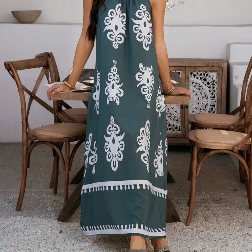 Printed Maxi Dress with Grecian Neck