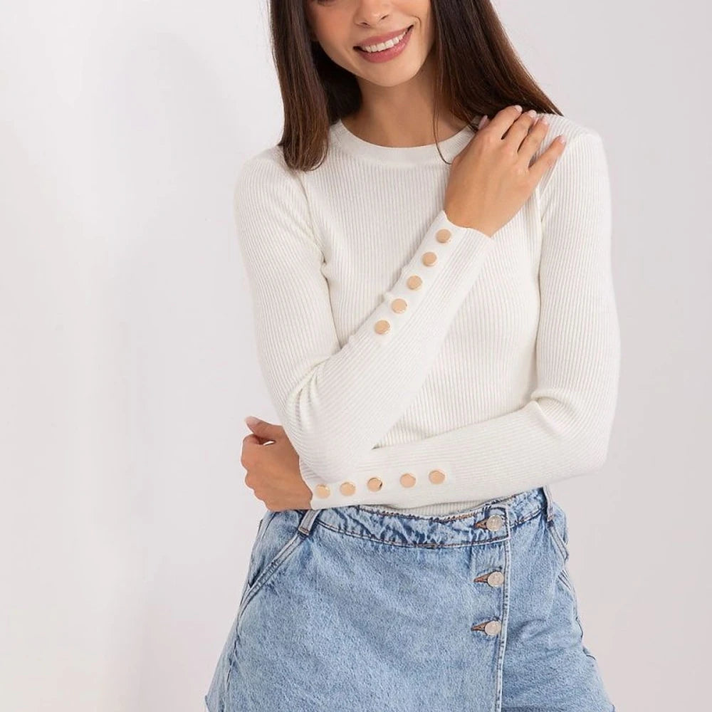 Ribbed Knit Sweater with Sleeve Buttons