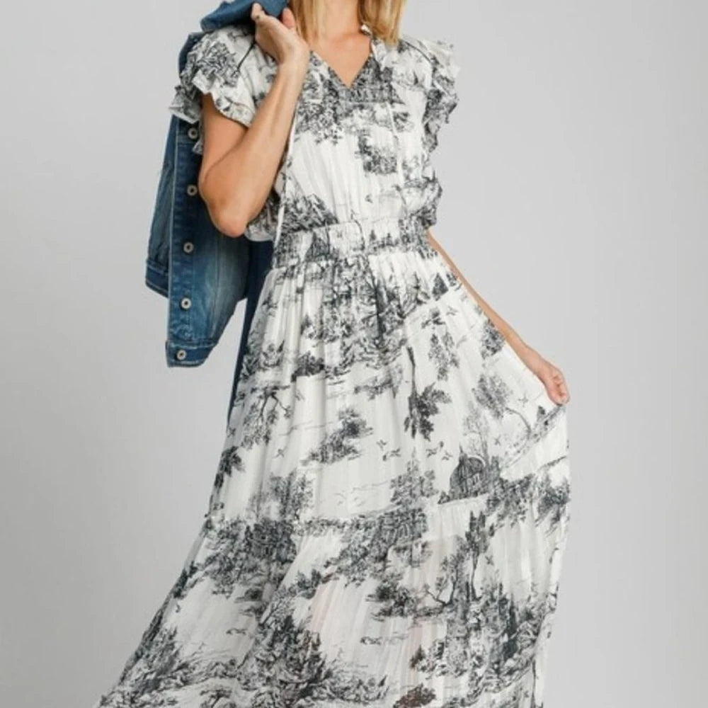 Two Tone Landscape Print Midi Dress
