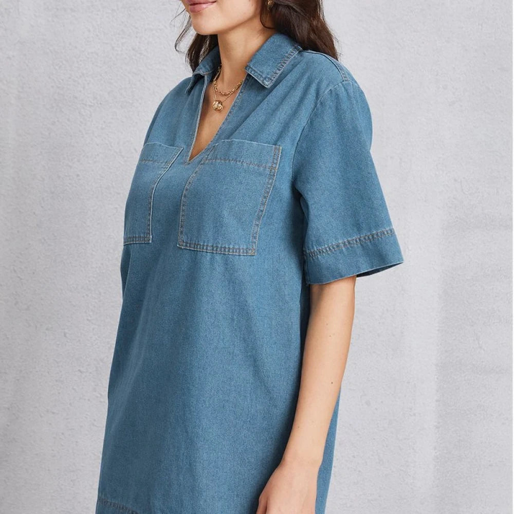 Denim Pocketed Mini Dress with Collar
