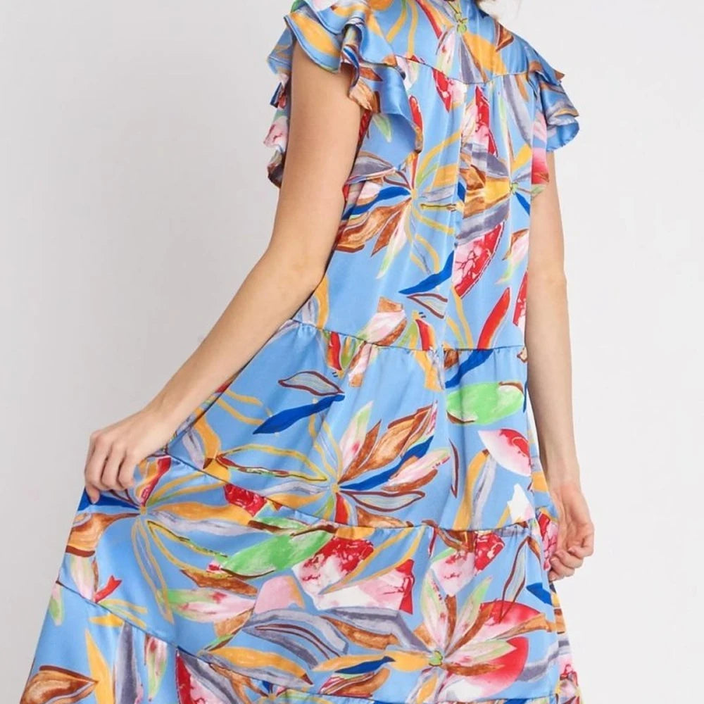 Leaf Print Tiered Midi Dress with Ruffle Sleeves