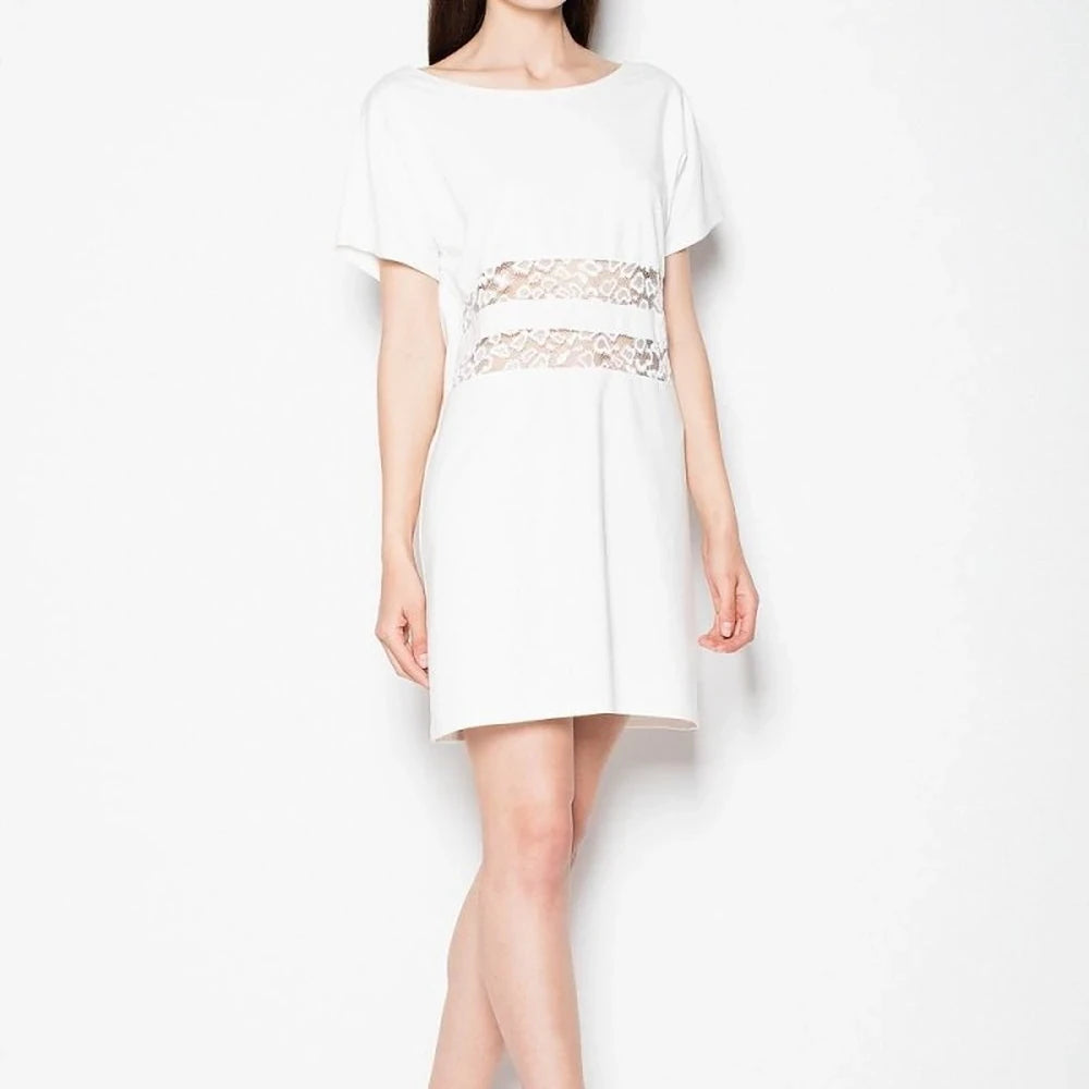 Beige Short Sleeve Dress with Waist Stripes