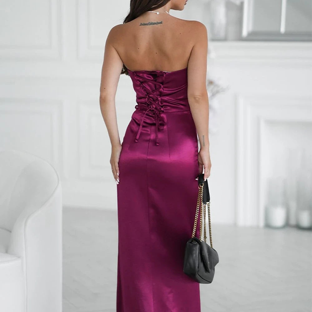 Strapless Satin Long Dress with Rose Detail