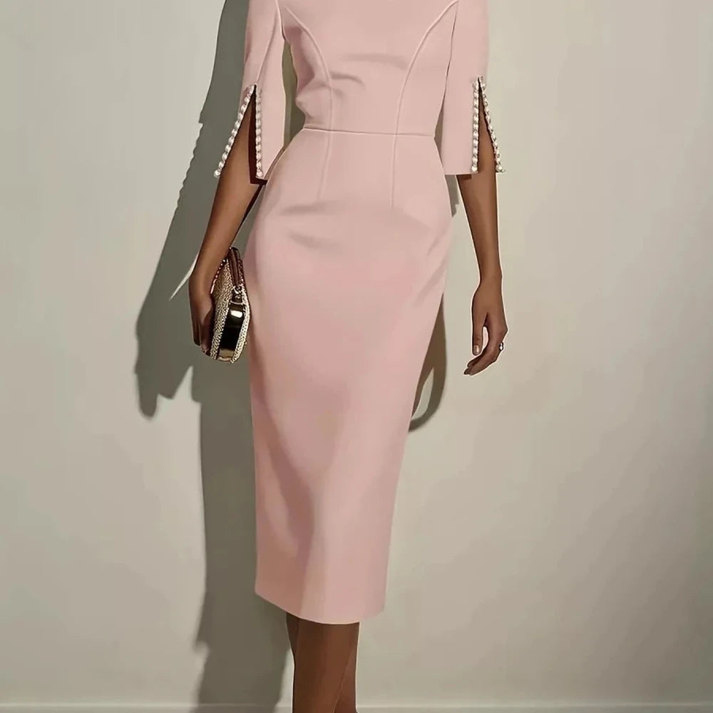 Elegant Midi Dress with Beaded Slit Sleeve