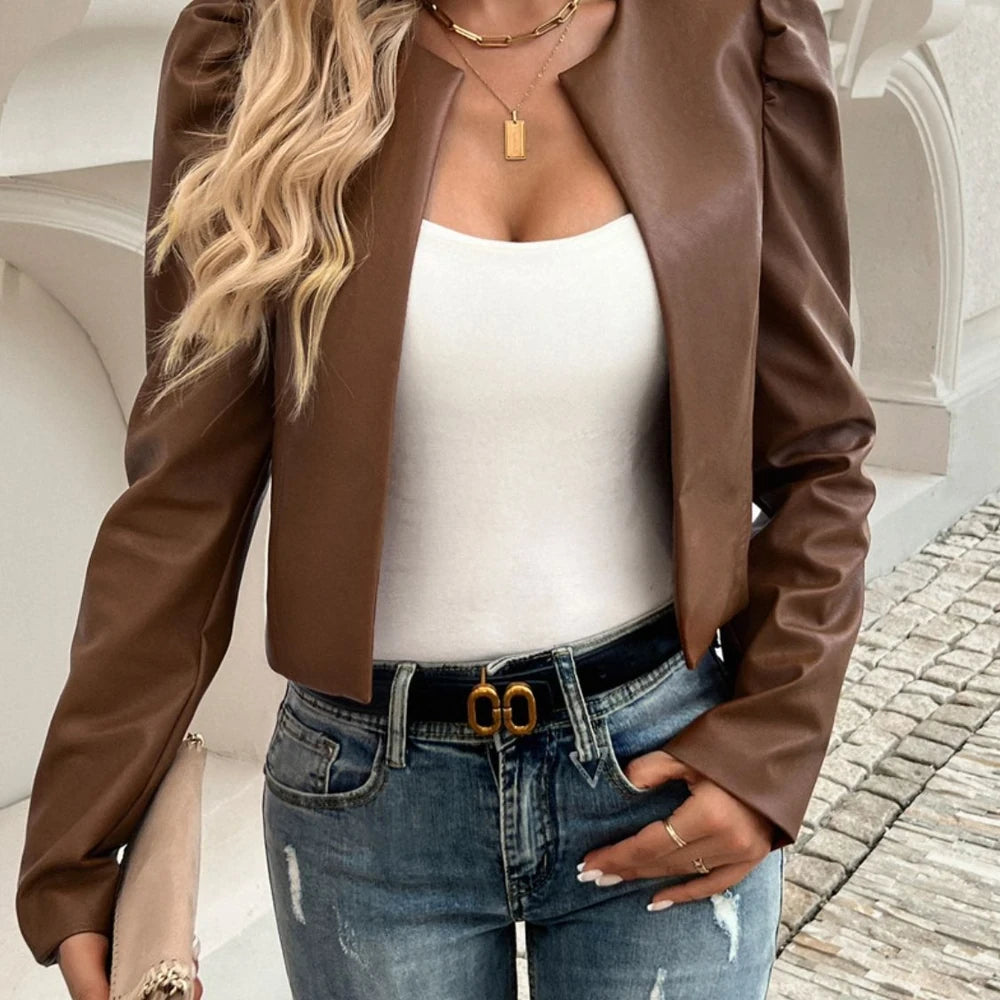 Brown Puff Sleeve Jacket with Ruched Detail