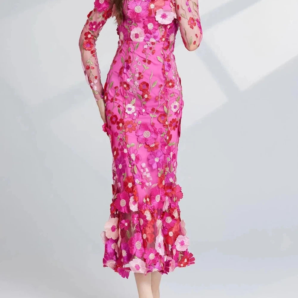 Floral Embroidered Mesh Midi Dress